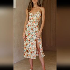 Toperth V Neck Floral High Split Midi Dress Small